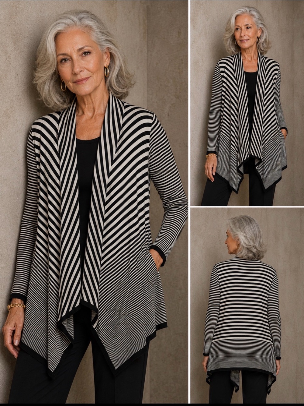 St John Black Cream Striped 100% Wool Waterfall Cardigan Sweater Small Parisian